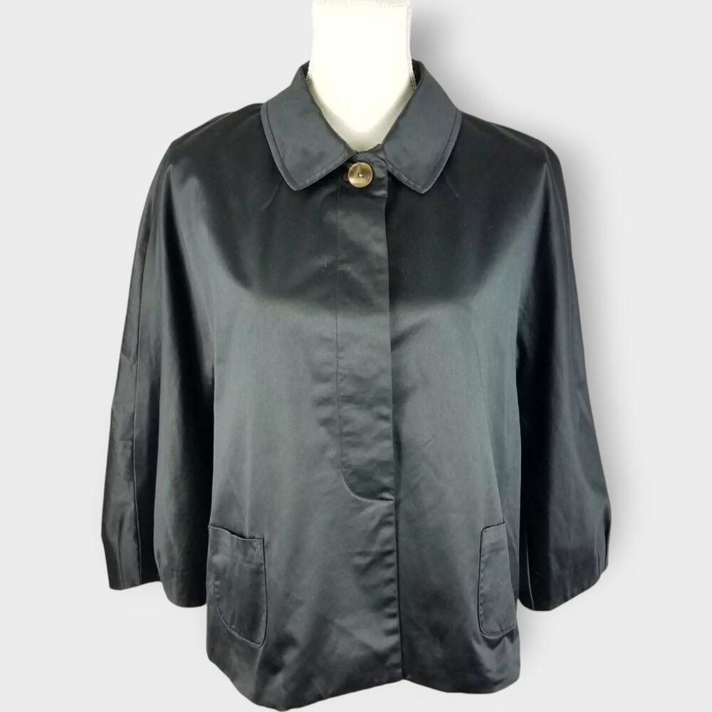 J. Jill Stretch Jacket Coated Cape Black Cotton Satin Shiny Size Large NWT $119